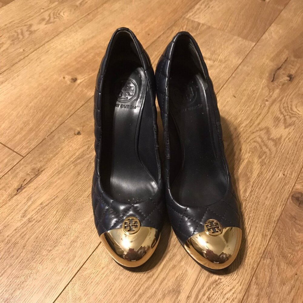 SALE! Tory Burch, Kaitlin Quilted Leather Wedge Heel, Dark Blue Size 7.5